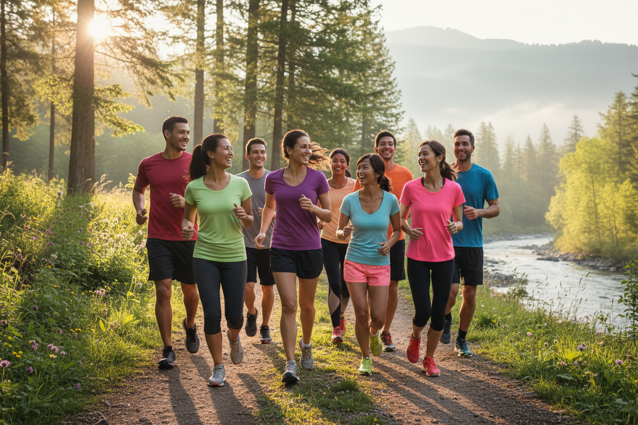 Groupe de course à pied qui court avec le sourire